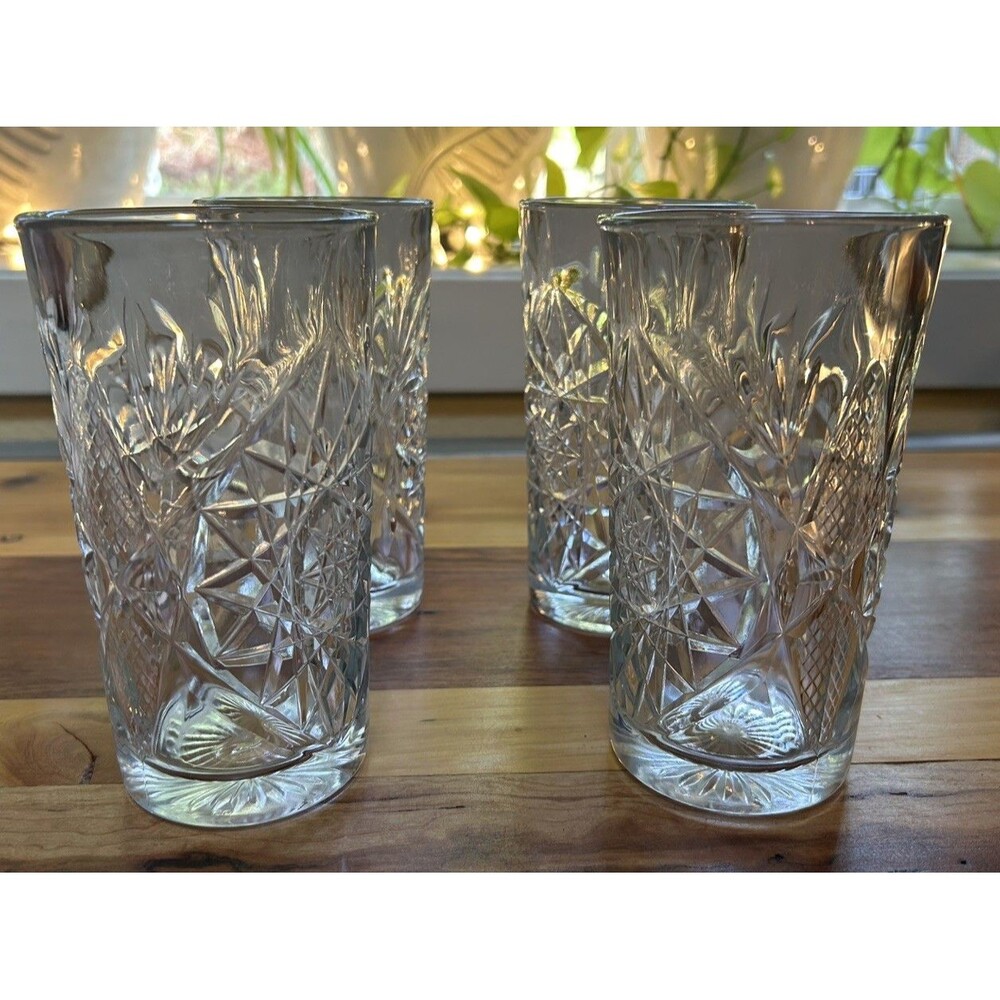 Vintage Libbey Hobstar Highball Tumblers 6 1/8" Drinking Glasses/Set of 4
